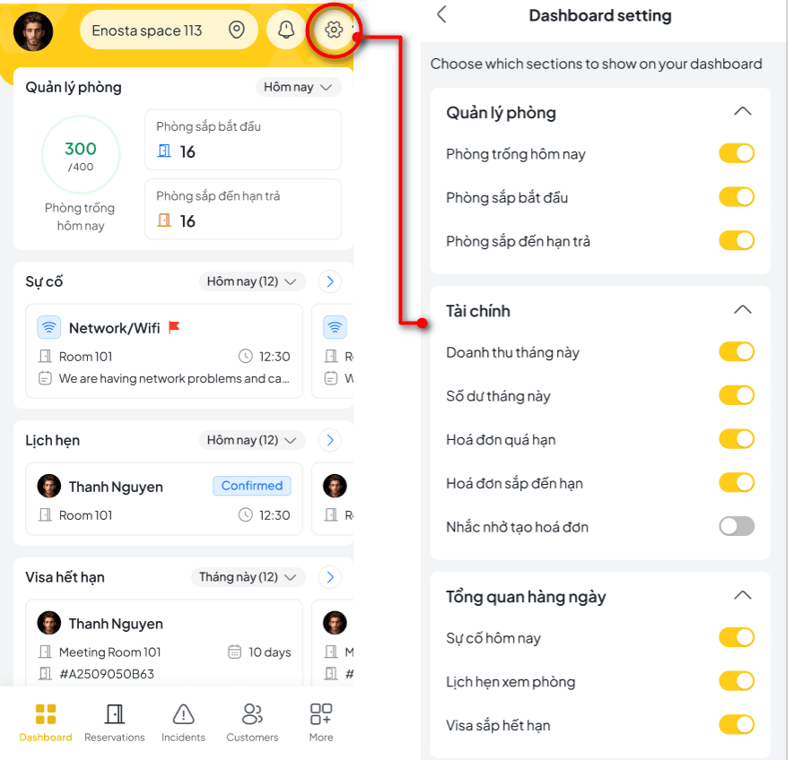 Tùy chỉnh hiển thị Dashboard trên app