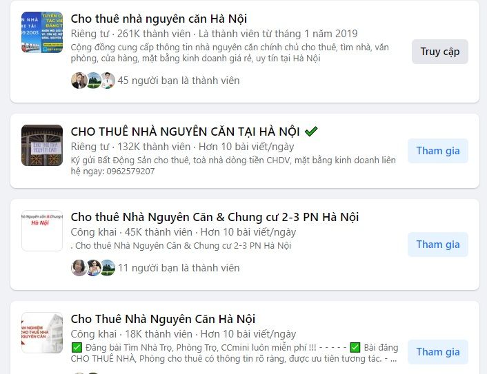 Đăng tin vào các hội nhóm cho thuê nhà trên Facebook